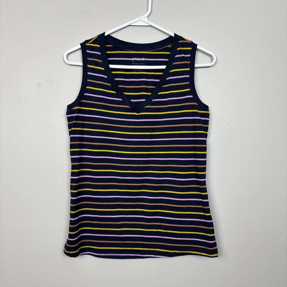 Pact Organic Tank Top XS Blue Multi Stripe Sleeveless V-Neck Pullover Shirt‎